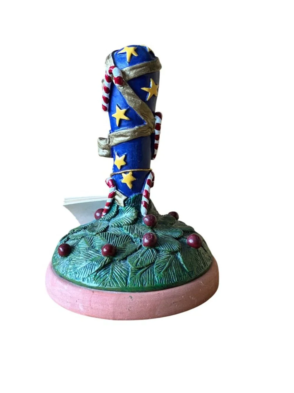 VINTAGE Shaker Hearth Cookie‎ Press Blue Gold Stars Candy Cane Terracotta Handle